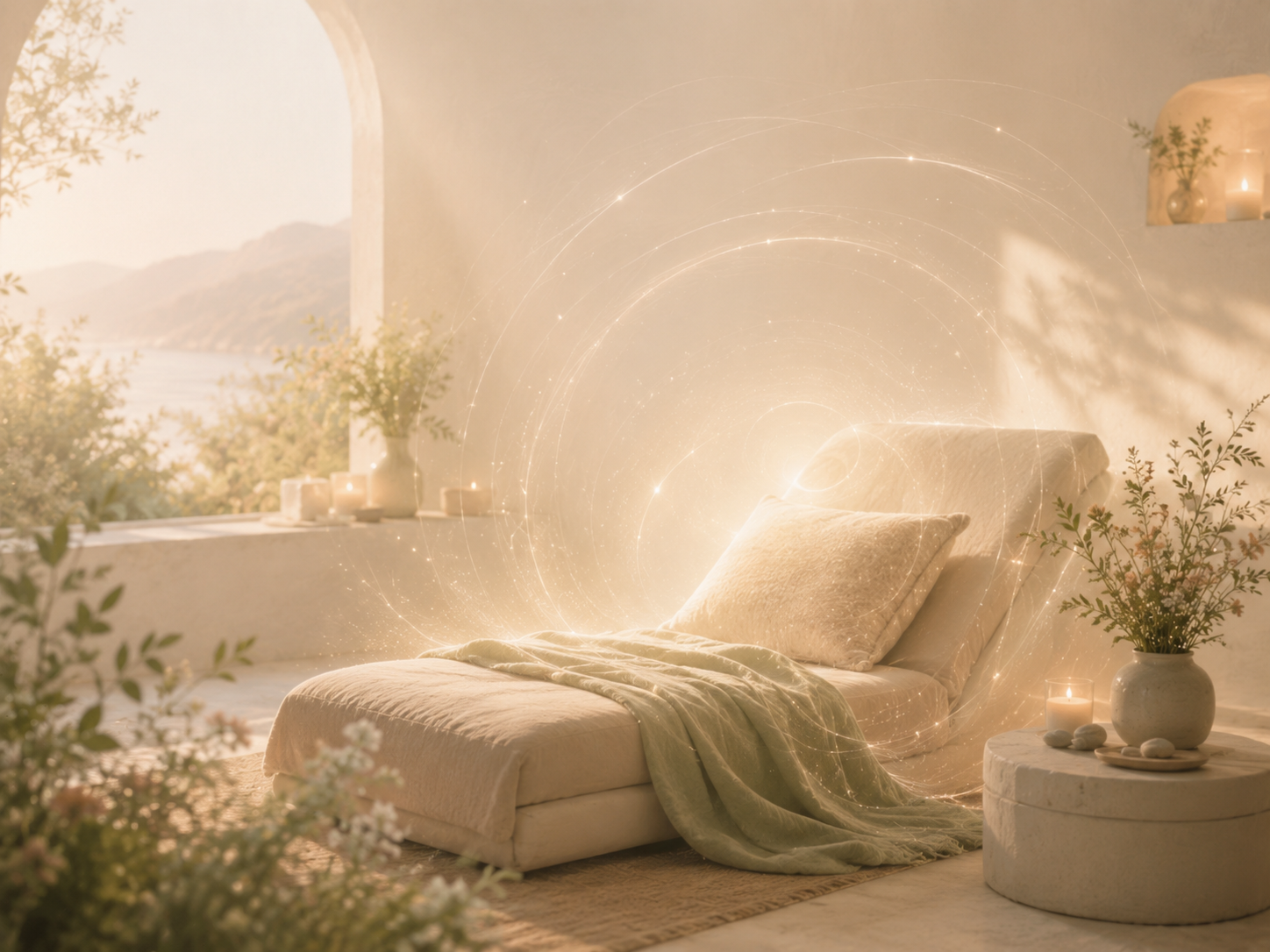 Espace apaisant baigné de lumière, évoquant un soin psycho-énergétique à distance.